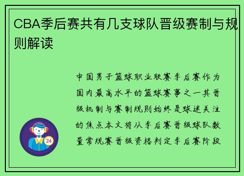 CBA季后赛共有几支球队晋级赛制与规则解读