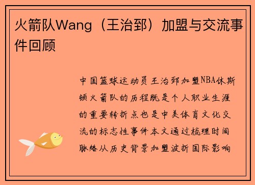 火箭队Wang（王治郅）加盟与交流事件回顾